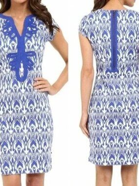 Hatley Women Blue White Ikat Shift Dress XL Embroidered V-Neck Cap Sleeve Casual